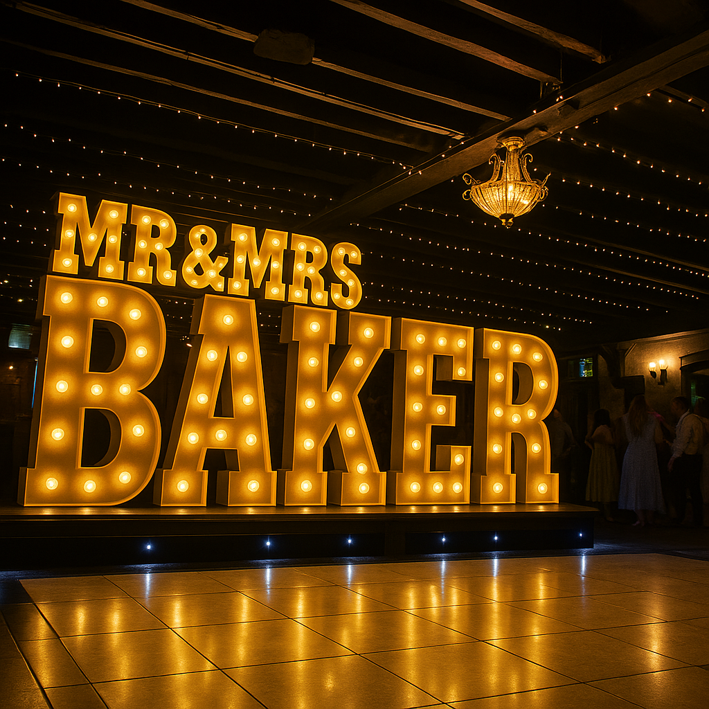 Custom marquee letters with bulb lighting for weddings and events